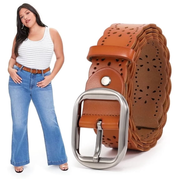 JASGOOD Women Leather Belt Hollow Flower Plus Size Western Belts for Ladies for Jeans Pants