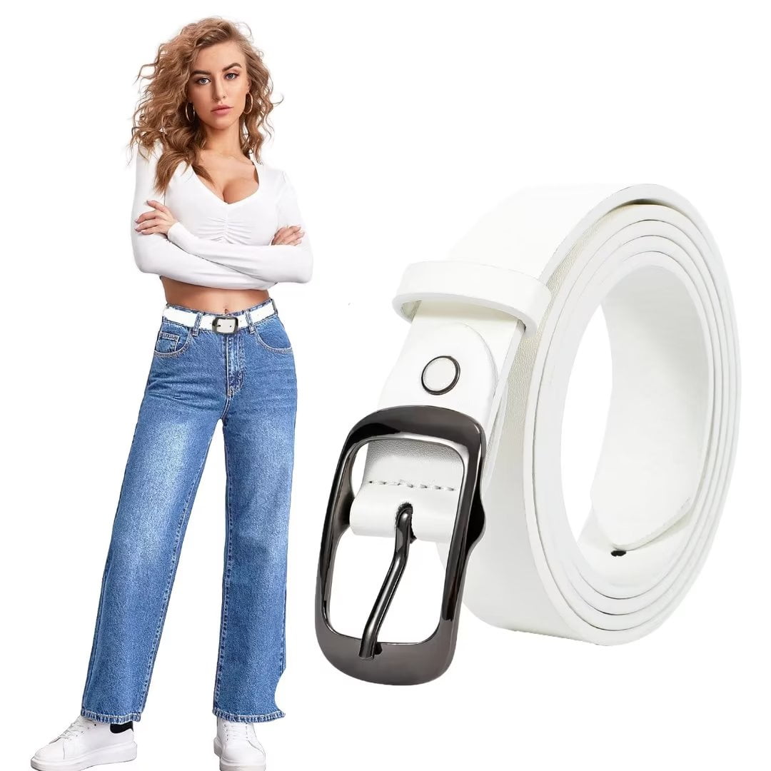 JASGOOD Women Leather Belt for Jeans Pants Dress White Belts for Ladies