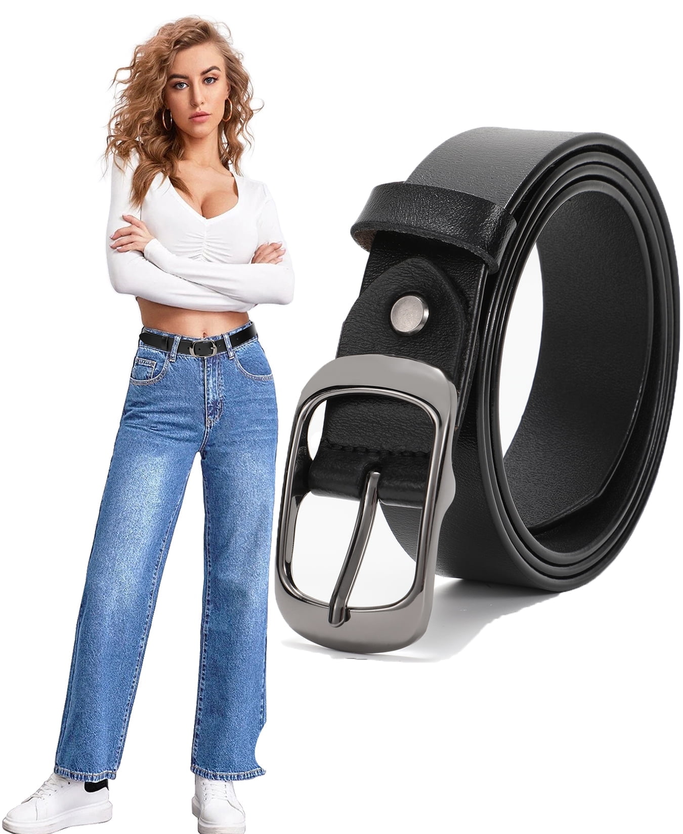 JASGOOD Women Leather Belt for Jeans Pants Dresses Black Waist Belts 