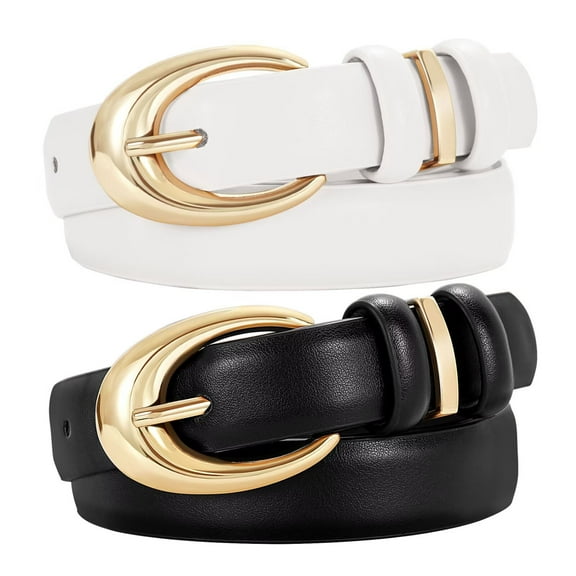 JASGOOD Women Leather Belt for Jeans Pants Ladies Skinny Dress belt with Gold Buckle 2 Pack
