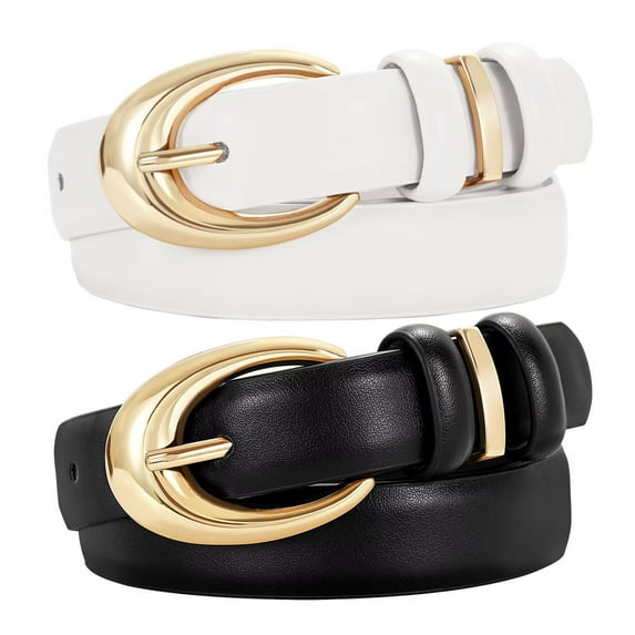 JASGOOD Women Leather Belt for Jeans Pants Ladies Skinny Dress belt with Gold Buckle 2 Pack
