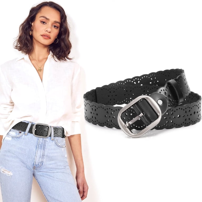 JASGOOD Women Leather Belts Hollow Flower Black Belt for  display picture 1