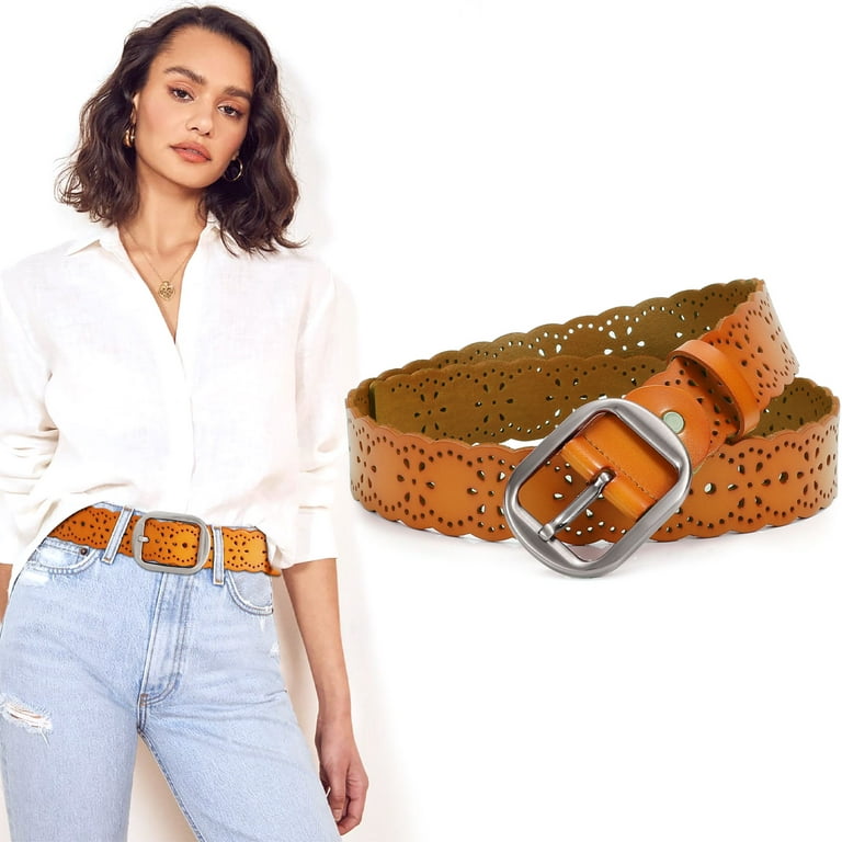 JASGOOD Women Leather Belts Hollow Flower Brown Belt for Ladies Jeans