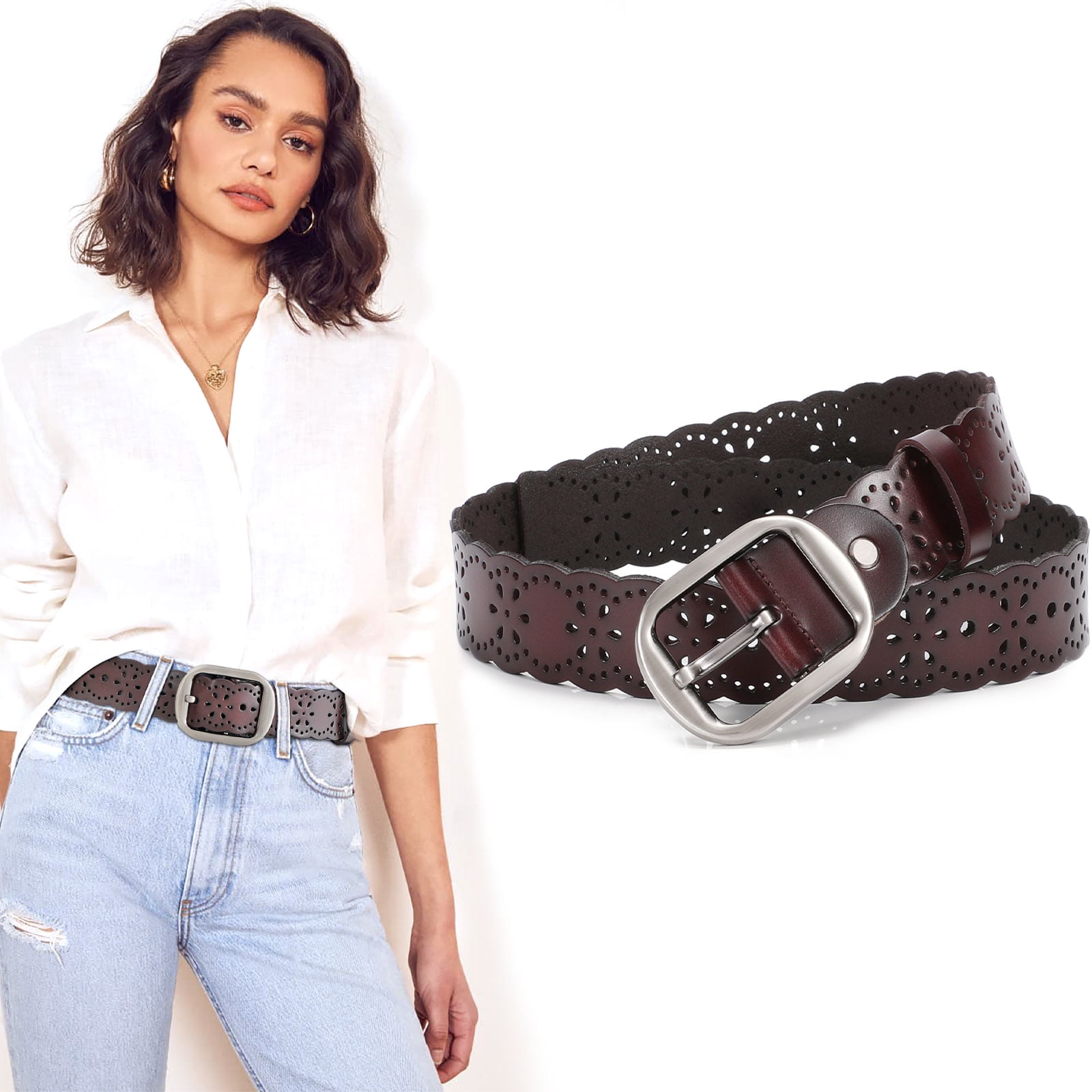 JASGOOD Women Leather Belts Hollow Flower Brown Belt for Ladies Jeans