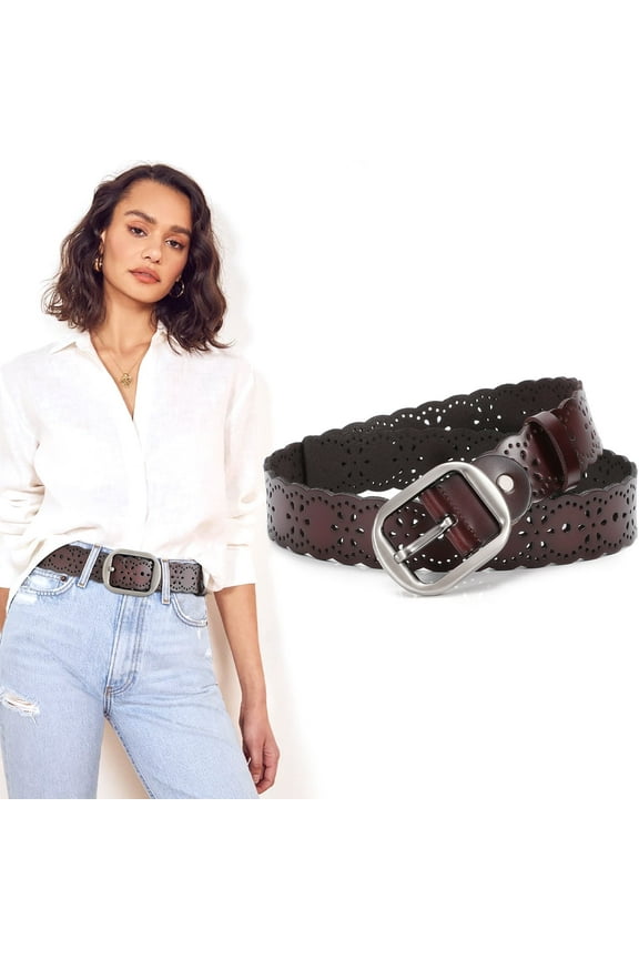 Women Leather Belts Hollow Flower Brown Belt for Ladies Jeans