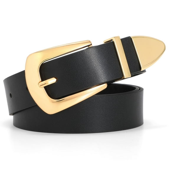 JASGOOD Women Leather Belts for Jeans Dress Ladies Belt with Gold Buckle Black Belts