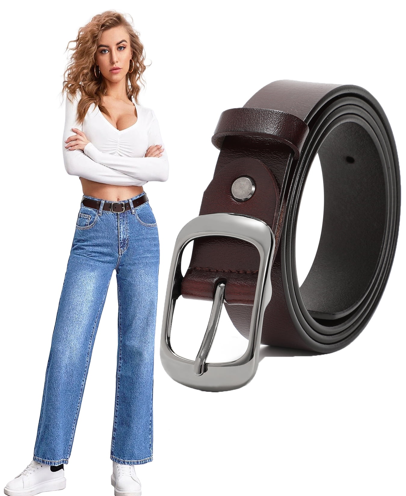 JASGOOD Women Leather Belts for Jeans Pants Fashion Dress Brown Belt for  Ladies