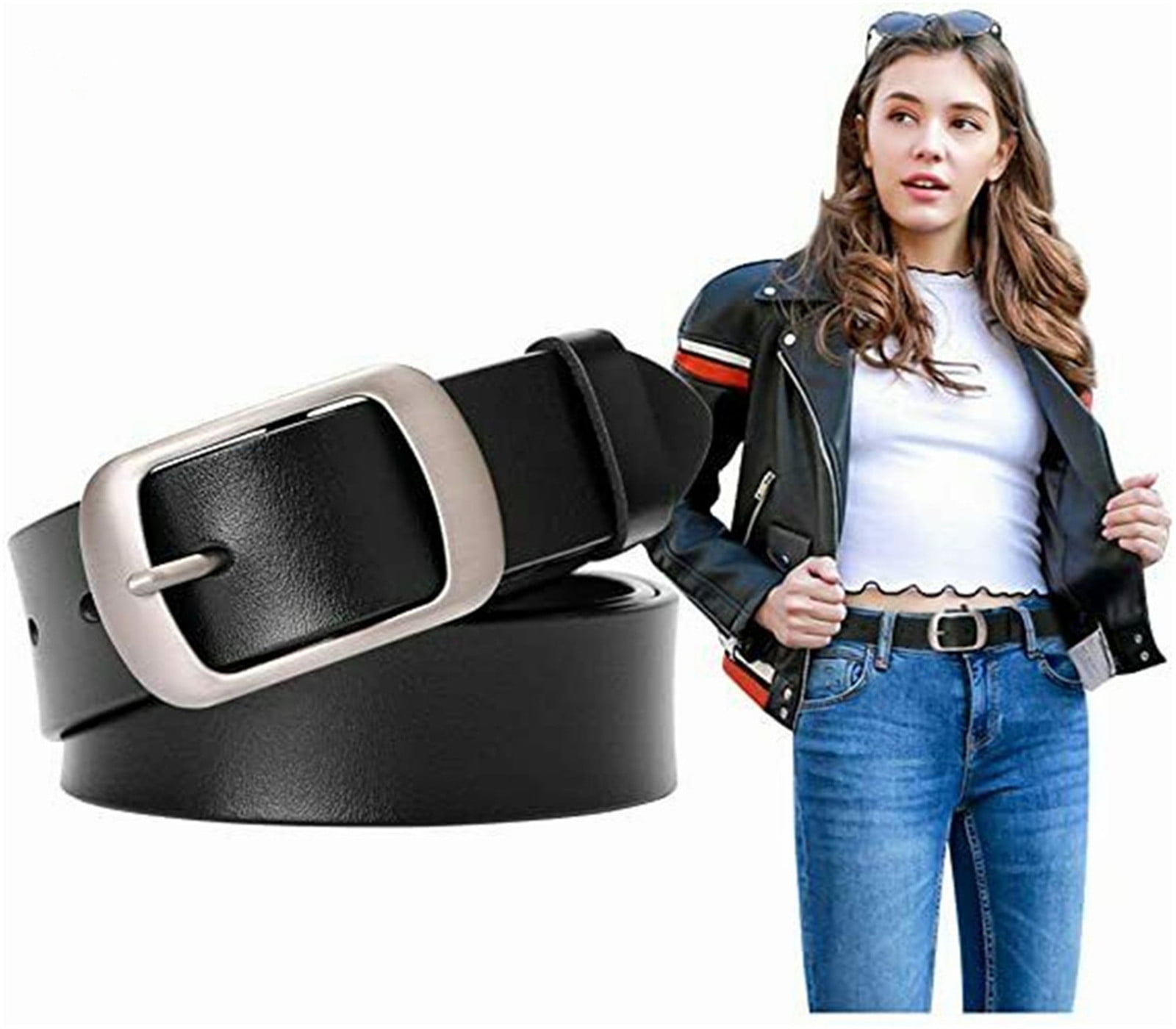 JASGOOD Women Leather Belts for Jeans Pants Ladies Black Belt 