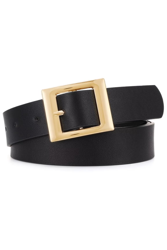 Women Leather Belts for Pants Black Fashion Belt with Square Gold Buckle