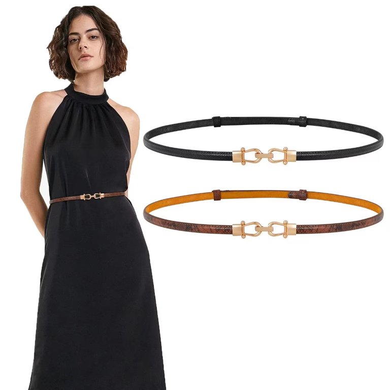 Jasgood Leather Skinny Women Belt Thin Waist Belts For Dresses Up To 37  Inches With Golden Buckle 2 Pack