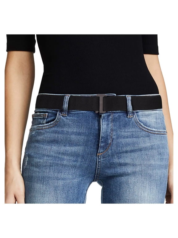Women Men Invisible Belt, Buckleless Stretch Elastic Web Black Belt with Flat Buckle for Jeans Pants Dresses