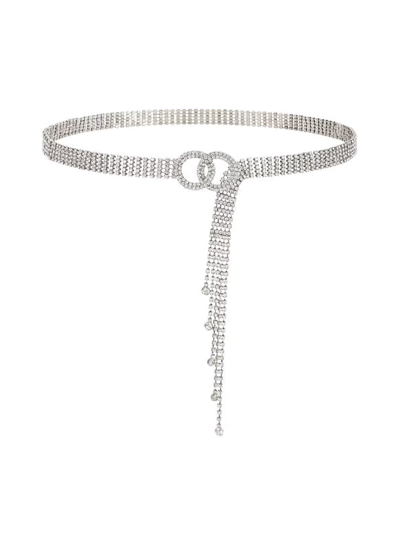 Women's Fashion Rhinestone Embellished Thin Waist Belt, 9 Rows Of