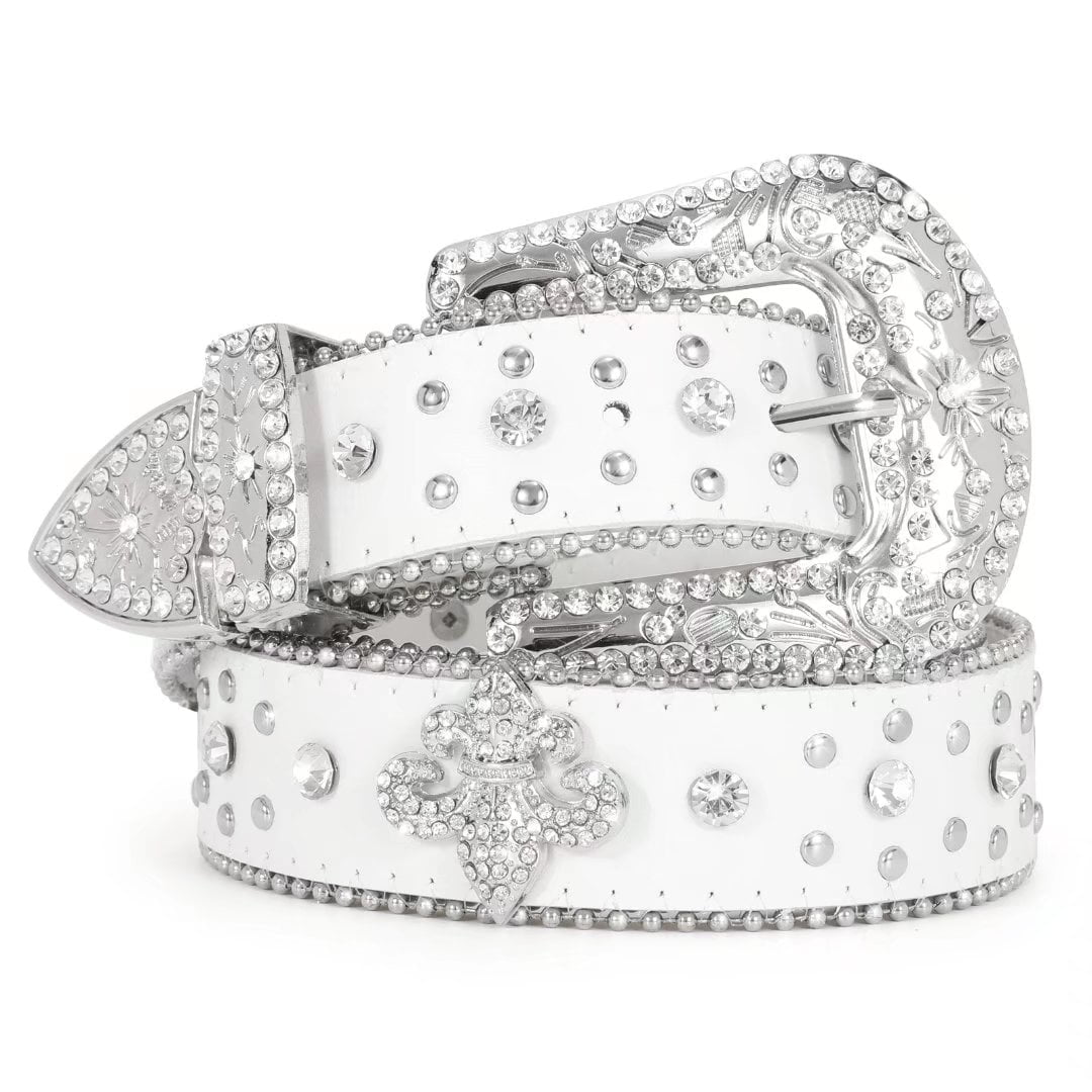 JASGOOD Women Western Belts Rhinestone Studded Leather White Belt for