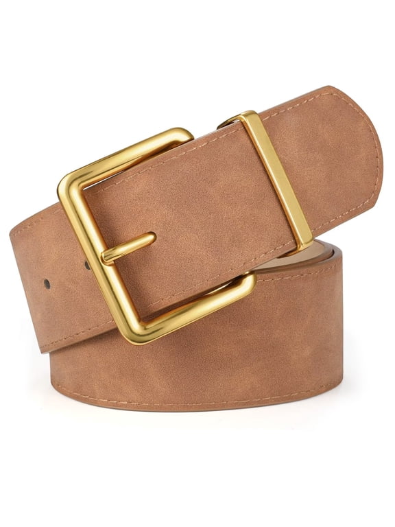 Women Wide Belt Fashion Suede Belt Ladies Thick Belts with Gold Buckle Brown
