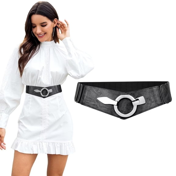 JASGOOD Women Wide Elastic Belt Plus Size Fashion Vintage Stretch Black Leather Waist Belts for Dresses