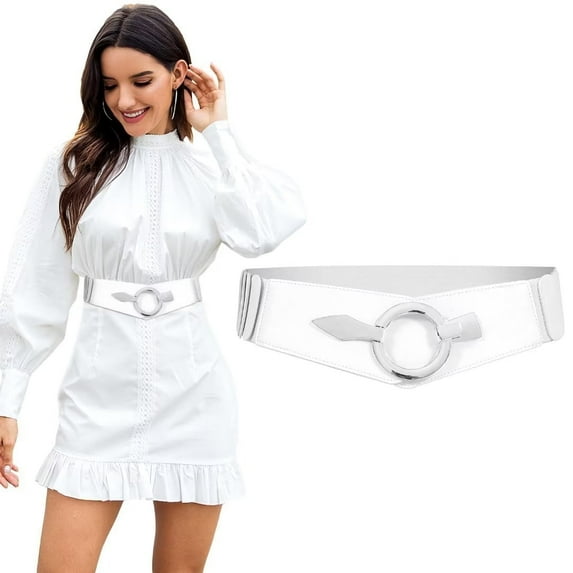 JASGOOD Women Wide Elastic Belt Plus Size Fashion Vintage Stretch White Leather Waist Belts for Dresses