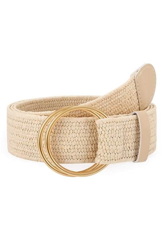 Women's Boho Braided Belts Ladies Straw Woven Stretch Belts with Double O Buckle Gold Beige