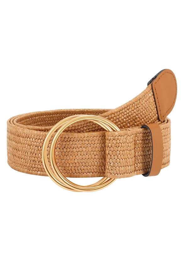 Women's Boho Braided Belts Ladies Straw Woven Stretch Belts with Double O Buckle Gold Brown