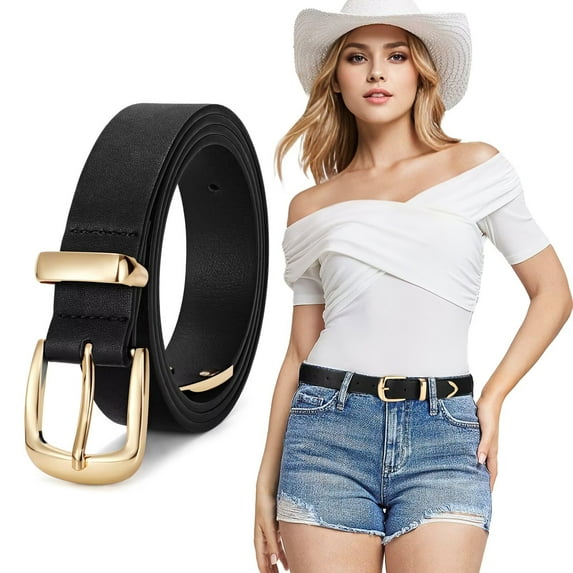 JASGOOD Women Leather Belt Fashion Belts with Gold Buckle Black