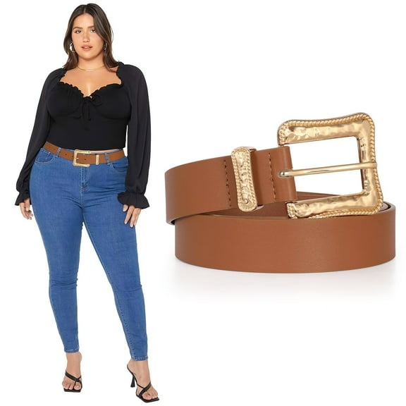 JASGOOD Plus Size Leather Belts for Women Ladies Belt for Jeans Pants with Gold Buckle