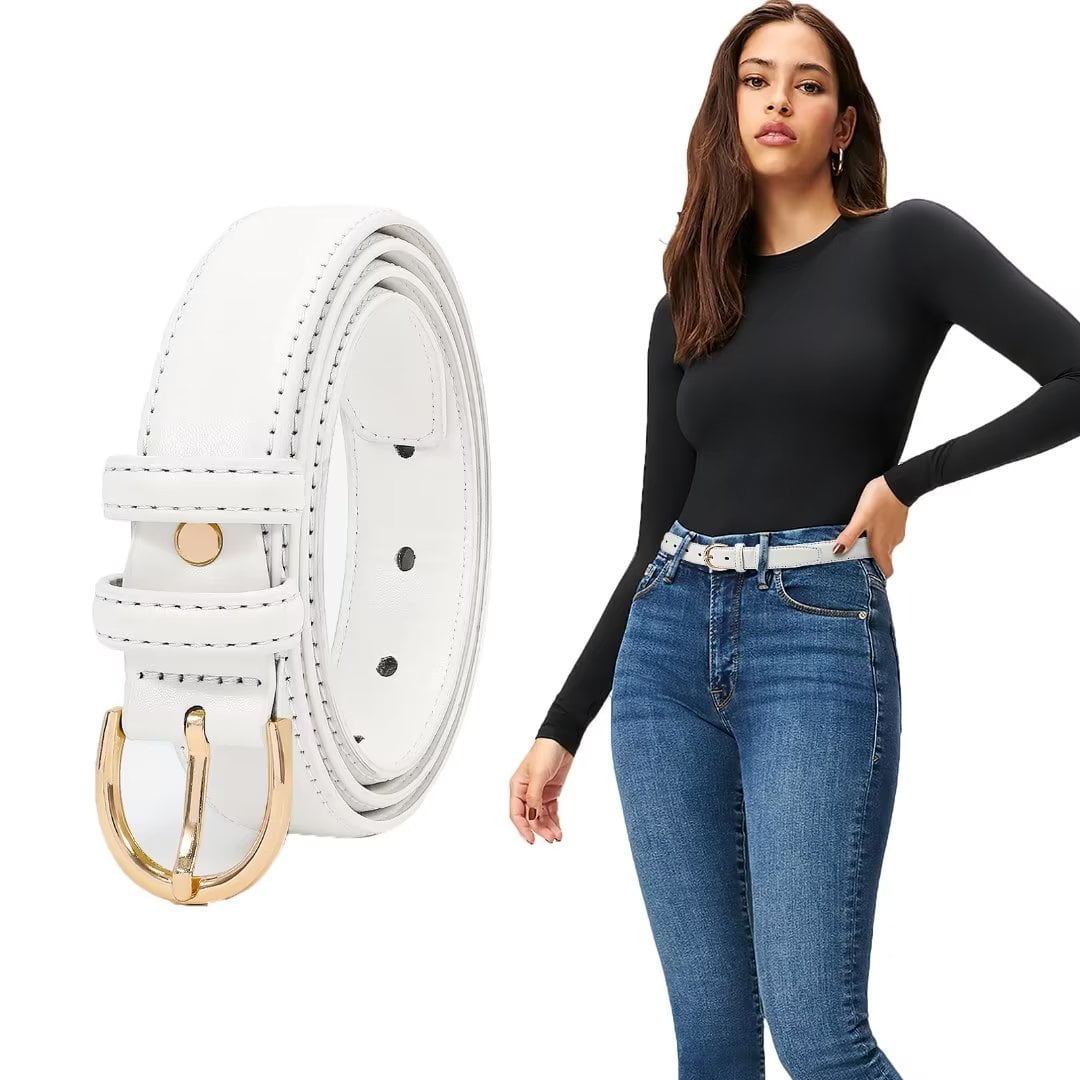 JASGOOD Women s Leather Belts for Dresses Jeans Fashion Ladies White Belt Gold Buckle Walmart