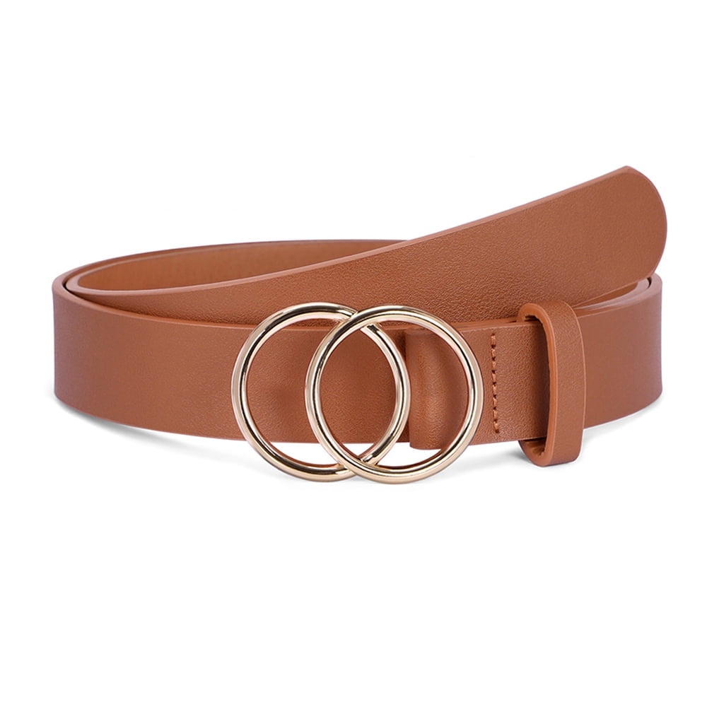 Jasgood Women Leather Belt, Reversible Belt, Leather Waist Belt for Jeans Dress with Gold Double O Ring Rotate Buckle