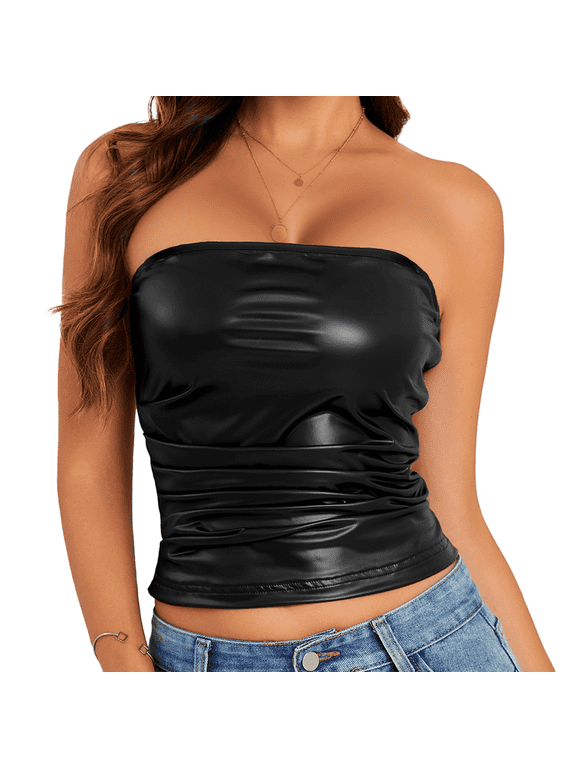Women's PU Leather Tube Top Strapless Ruched Tank Tops Fashion Bandeau Tops for Partywear Club Concert