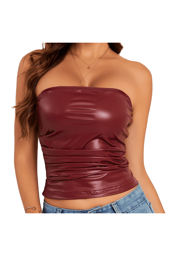 Women's PU Leather Tube Top Strapless Ruched Tank Tops Fashion Bandeau Tops for Partywear Club Concert