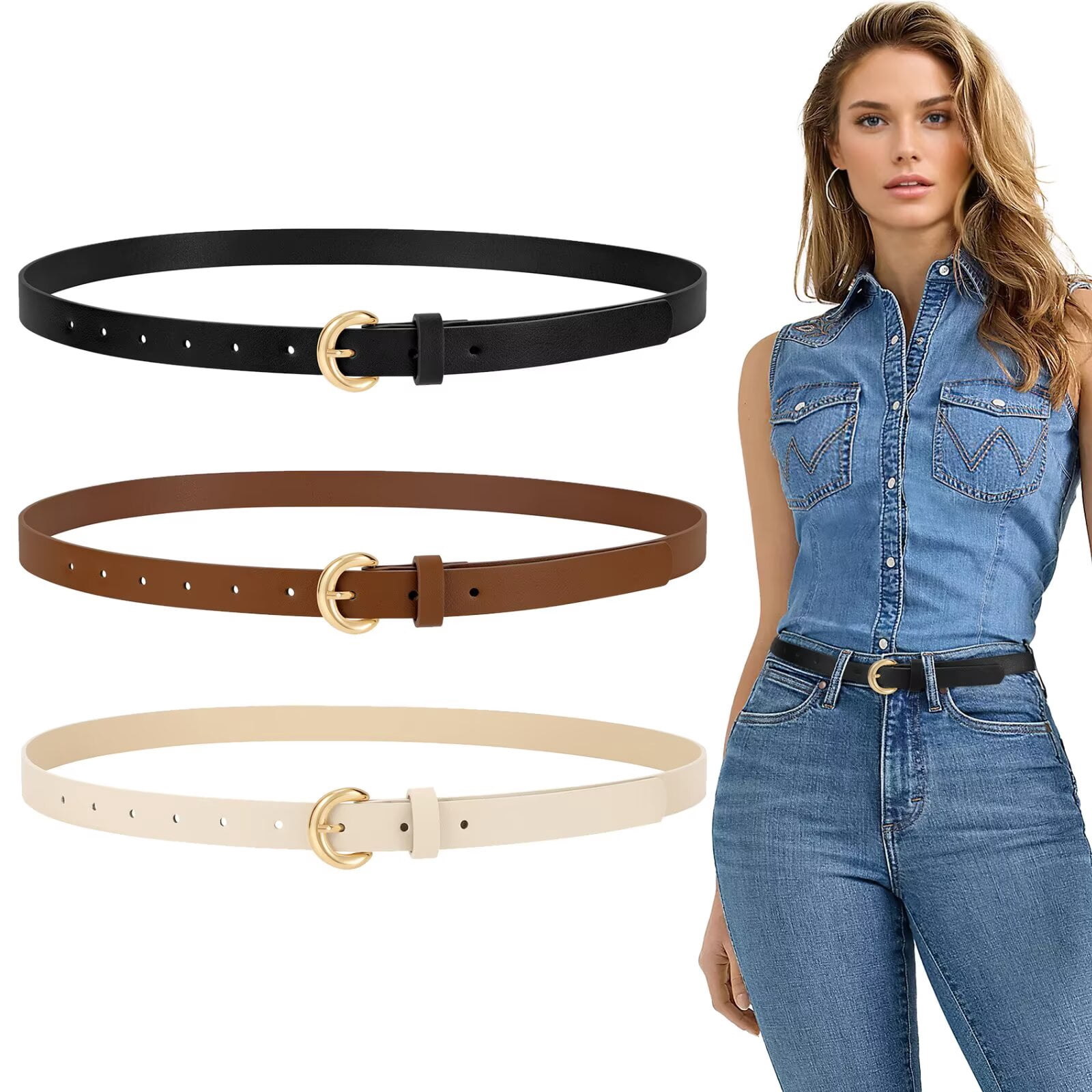 3 Pack Women\'s Leather Belts for Jeans Dresses Pants with Gold Buckle Trendy 3 Pack Plus Size Women main image 2