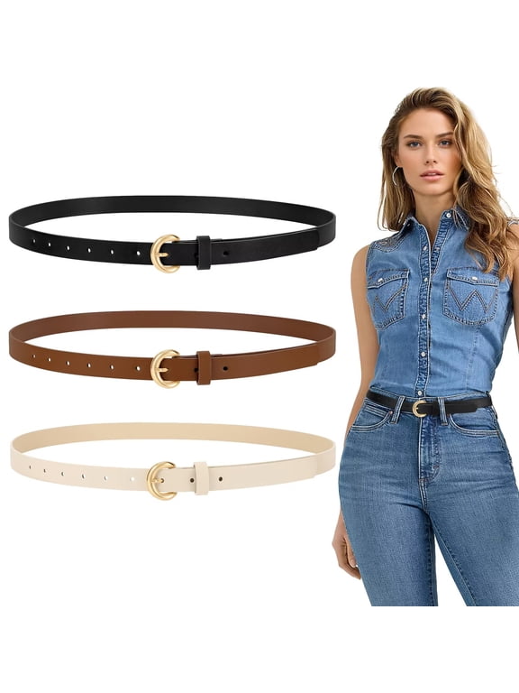 Women's Thin Leather Belt 3 Pack Trendy Belts for Jeans Pants Dress