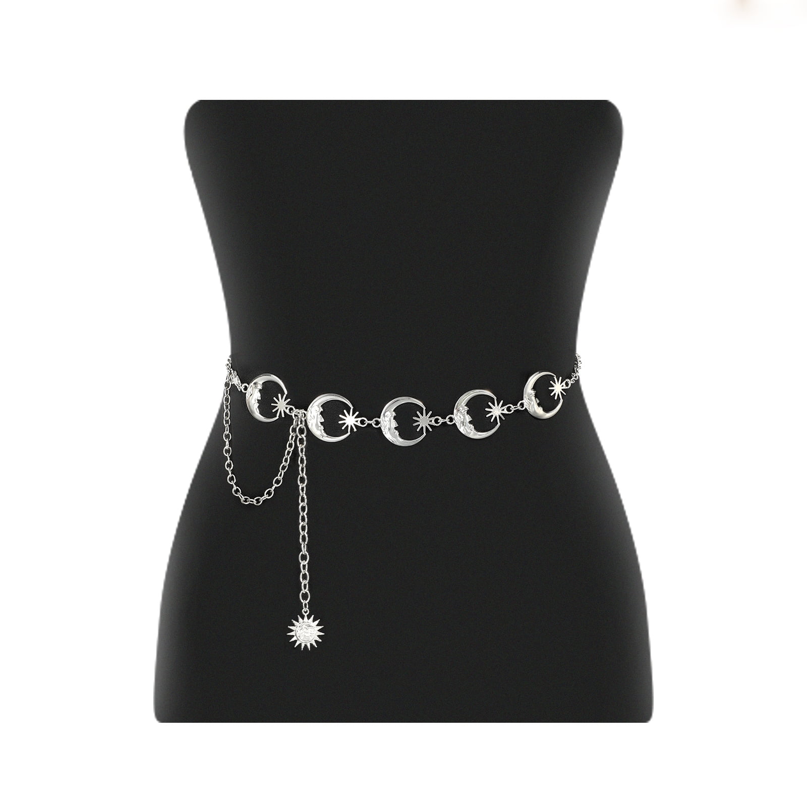 JASGOOD Women's Waist Chain Belt Silver Moon Star Metal Link Dress