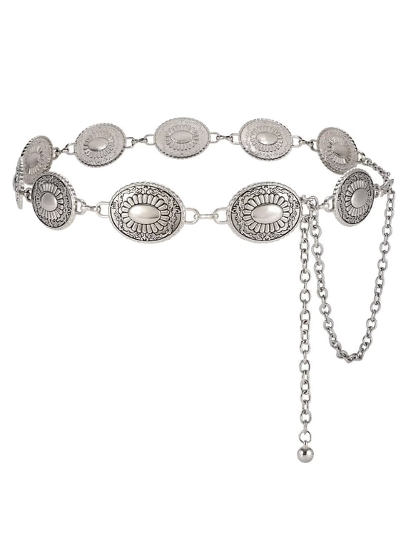 Women's Western Metal Concho Belt Adjustable Cowgirl Chain Belt for Dresses Jeans
