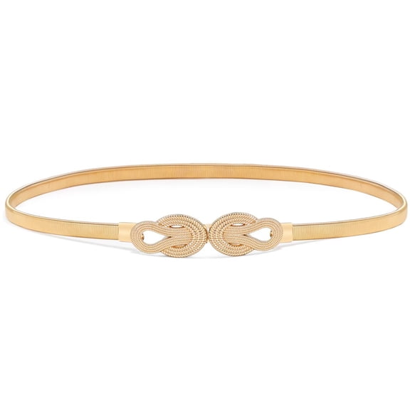 JASGOOD Womens Elastic Thin Metal Waist Belt, Stretch Chain Belt for Dresses, Skinny Rhinestone Adjustable Waistband Gold