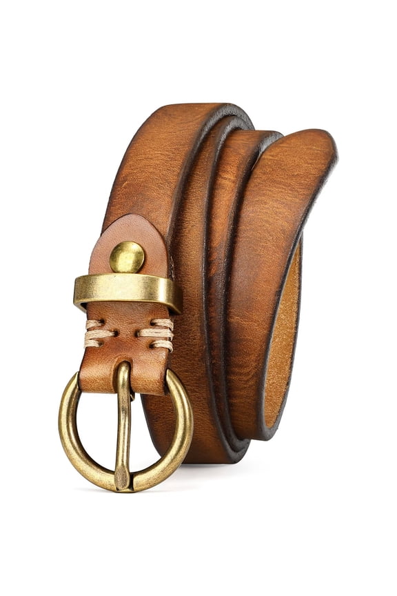 Womens Genuine Leather Belts Vintage Brown Thin Waist Belt for Pants Jeans