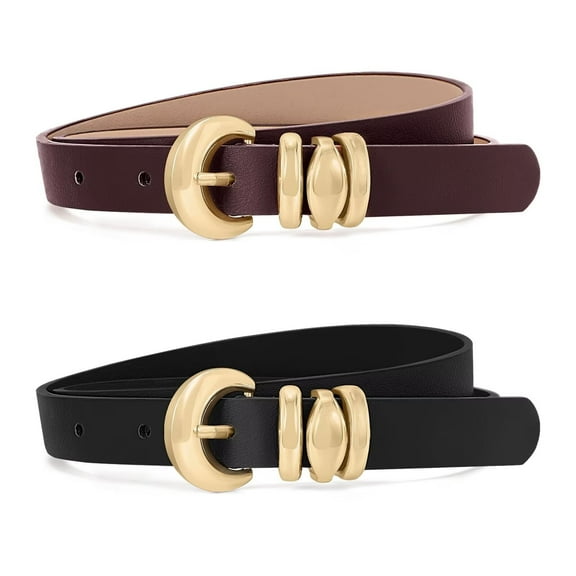 JASGOOD Womens Skinny Leather Belts for Ladies Waist Belt for Jeans Dresses with Gold Buckle 2 Pack