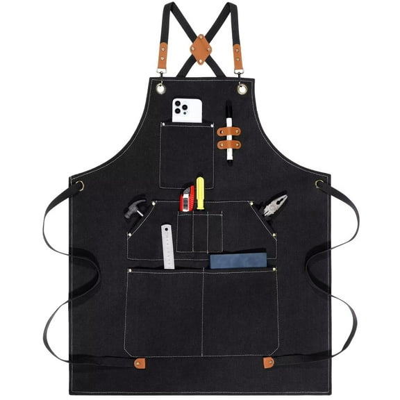 JASGOOD Work Aprons for Men Women with 9 Pockets Chef Apron Canvas Cross Back Aprons Heavy Duty Apron Black Tool Apron for Woodworkers Waterproof Apron