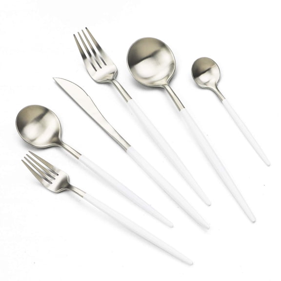 JASHII 18/10 White Handle Flatware Silver Silverware Set Stainless Steel Flatware Cutlery Set| 24-Piece Adaline Royal Modern Satin Finish| BEST Birthday Wedding Gift (White Handle Matte Silver) Y101