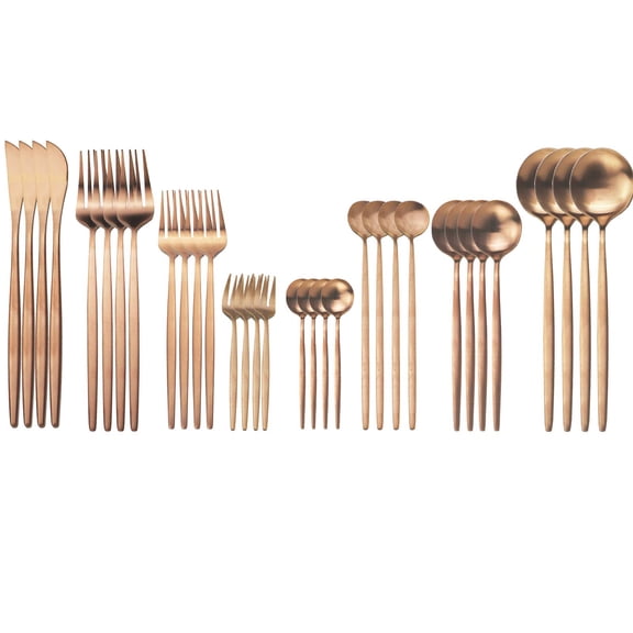 JASHII 32-Piece Tableware Set Stainless Steel Flatware Set with Coffee Spoon Long Handle Spoon Premium Cutlery Service for 4 Satin Finish Utensils for Home (Copper) Y101
