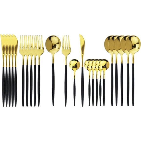 JASHII Flatware Serving Set 24 Piece, Stainless Steel Silverware Set, Titanium Black Gold Cutlery Set, Modern Elegant Tableware Set for Party, Christmas, Dinner (Black Gold)