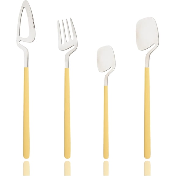 JASHII Hangable Silverware Set, Fresh Macaron Colors Flatware Cutlery Set Service for 2, Satin Finish 8 Piece Stainless Steel Utensils Set for Home and Restaurant, Dishwasher Safe(Yellow Silver)