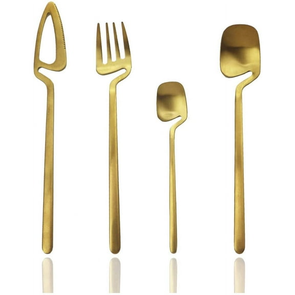 JASHII Hangable Silverware Set, Matte Gold Flatware Cutlery Set Service for 2, Satin Finish 8 Piece Stainless Steel Utensils Set for Home and Restaurant, Dishwasher Safe(Gold)