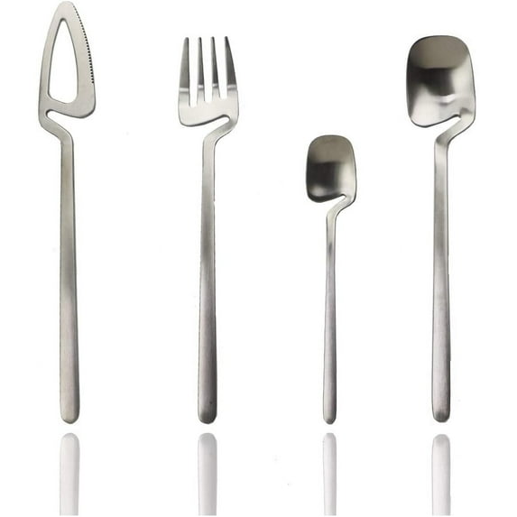 JASHII Hangable Silverware Set, Matte Silver Flatware Cutlery Set Service for 2, Satin Finish 8 Piece Stainless Steel Utensils Set for Home and Restaurant, Dishwasher Safe(Silver)