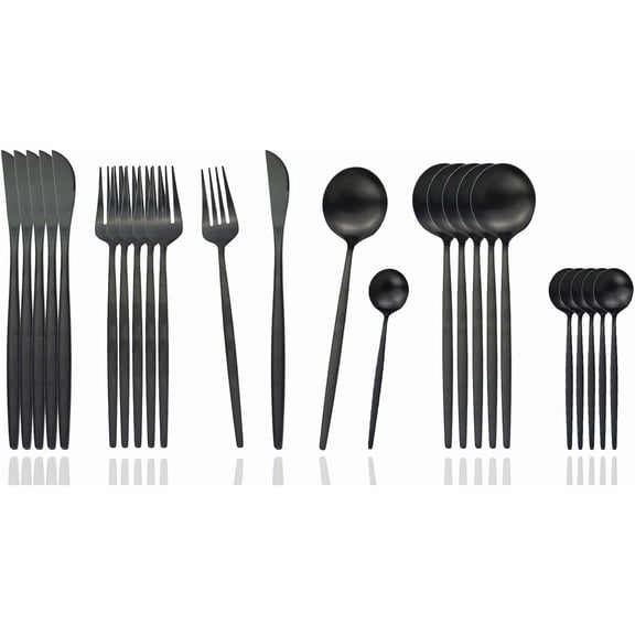 JASHII Silverware Set, 24-Piece Stainless Steel Flatware Set,Kitchen Utensil Set Service for 6,Tableware Cutlery Set for Home, Dishwasher Safe (Matte Black)