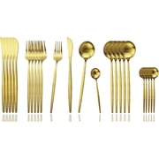 JASHII Silverware Set, 24-Piece Stainless Steel Flatware Set,Kitchen Utensil Set Service for 6,Tableware Cutlery Set for Home, Dishwasher Safe Matte Gold