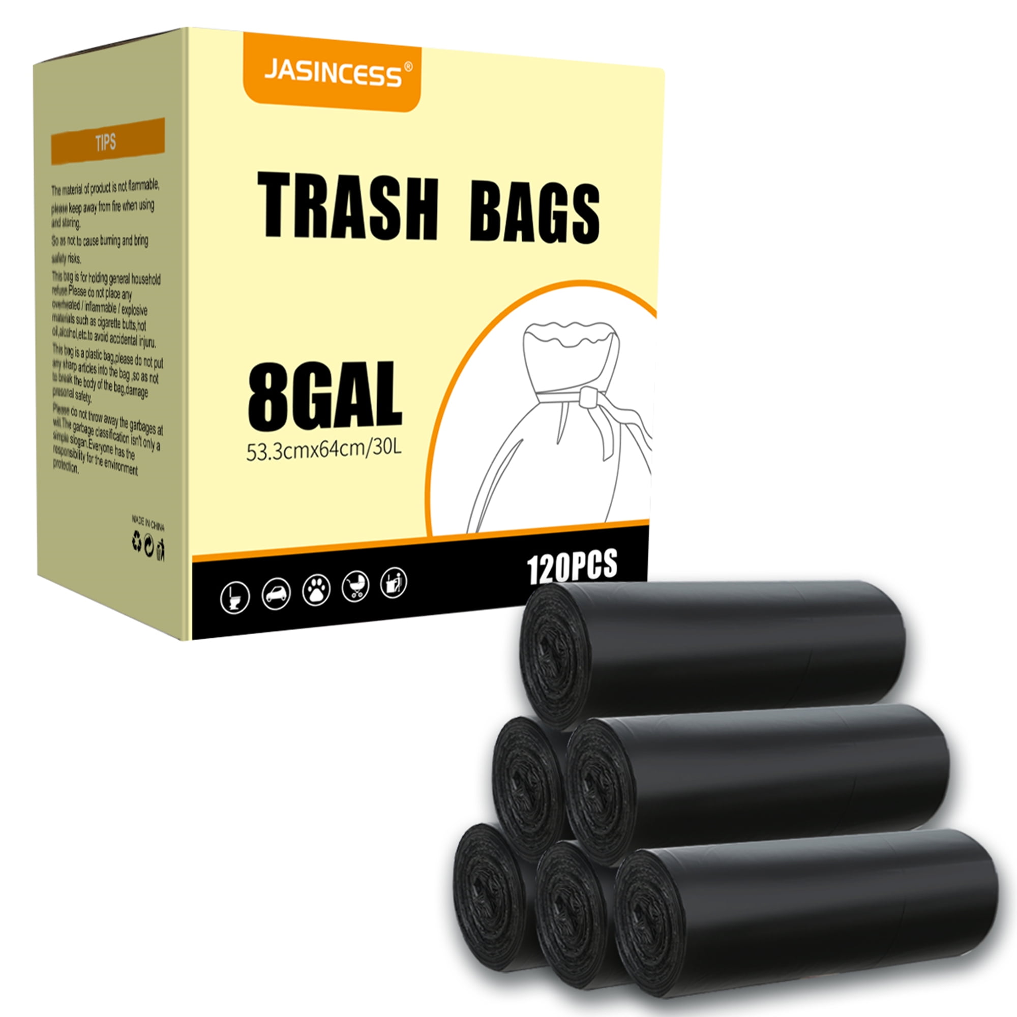 8 Gallon Plastic Trash Bags 120 Count Black Drawstring Thick Garbage Bags for Office Kitchen Home 22.06'' x 25.61'' (White, 8)