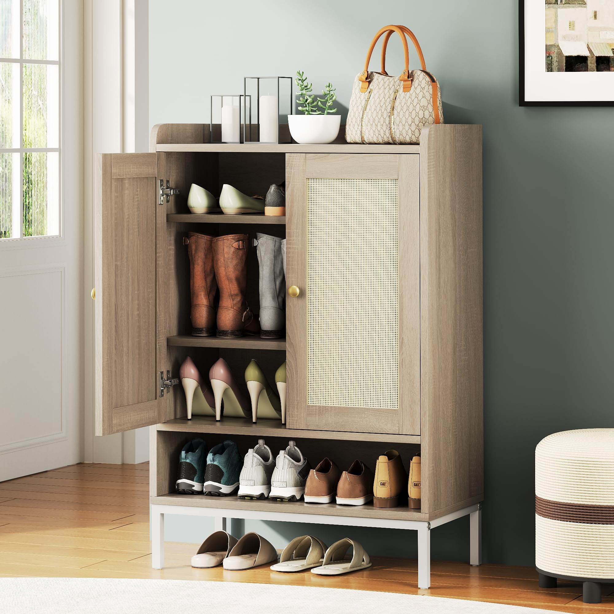 Natural Wood and Rattan 5-Tier Shoe Cabinet with Adjustable Shelves