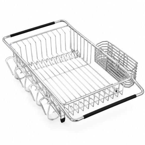 JASIWAY Stainless Steel Dish Drying Rack in Sink with Utensil Holder, 15.5"D x 11"W x 4.8"H, Silver