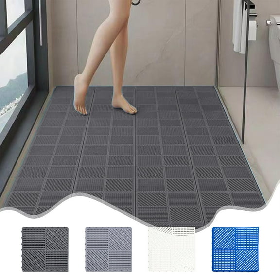 JASKFGLY Interlock Anti-Slip Bathroom Tiles - 11.81x11.81x0.59in Waterproof Flooring with Drainage Holes for Poolside (Dark Gray)