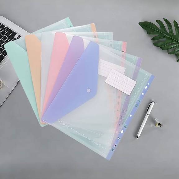 JASKFLY A4 Loose Leaf File Pouch Set 6 Piece Set of 11 Hole Transparent Document Storage Bags with Color Labels for File Organization