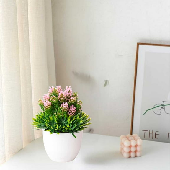 JASKFLY Artificial Flowers - Plastic Potted Bonsai Plant with Lifelike Petals and Leaves for Living Room Dining Table, 5.1 x 5.1 x 7.9 in, (Pink)
